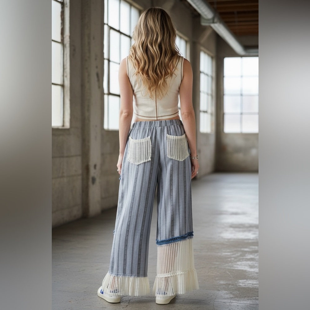 NWT POL Clothing Boho Bohemian Striped Crochet Mesh Patchwork Wide Leg Pants - Picture 10 of 11